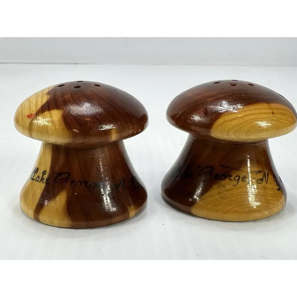 Vintage Souvenir Mid Century Mod Wood Mushroom Salt Pepper Shaker Lake George NY